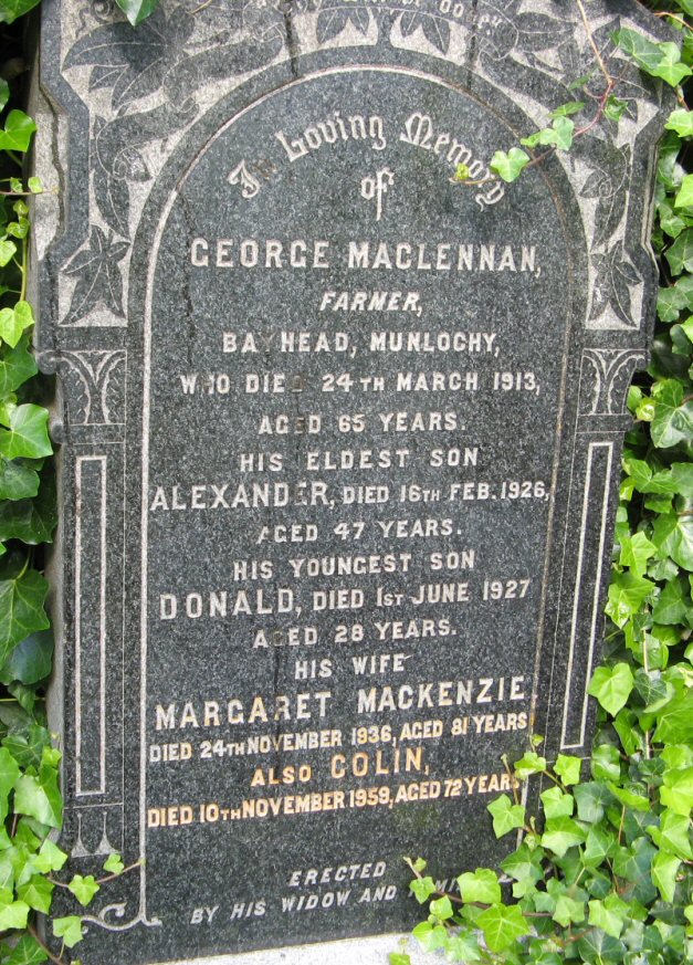 Photo of headstones/George MacLennan d1913 hdstn Kilmuir (Blk Isle)